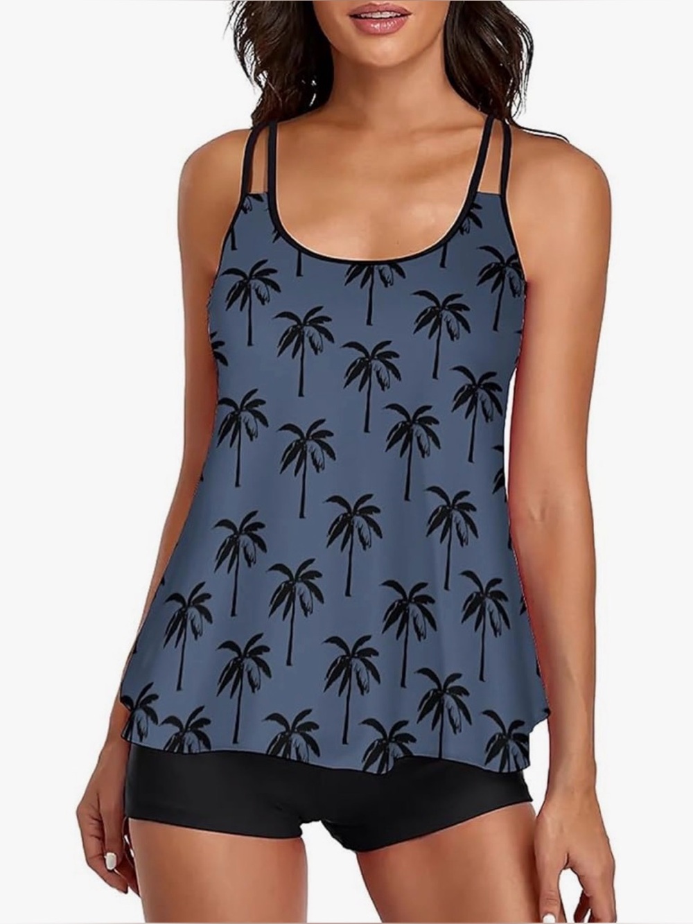 Urchics Tankini Swimsuit Set Tummy Control Flowy Blue Black Palm Trees 2XL